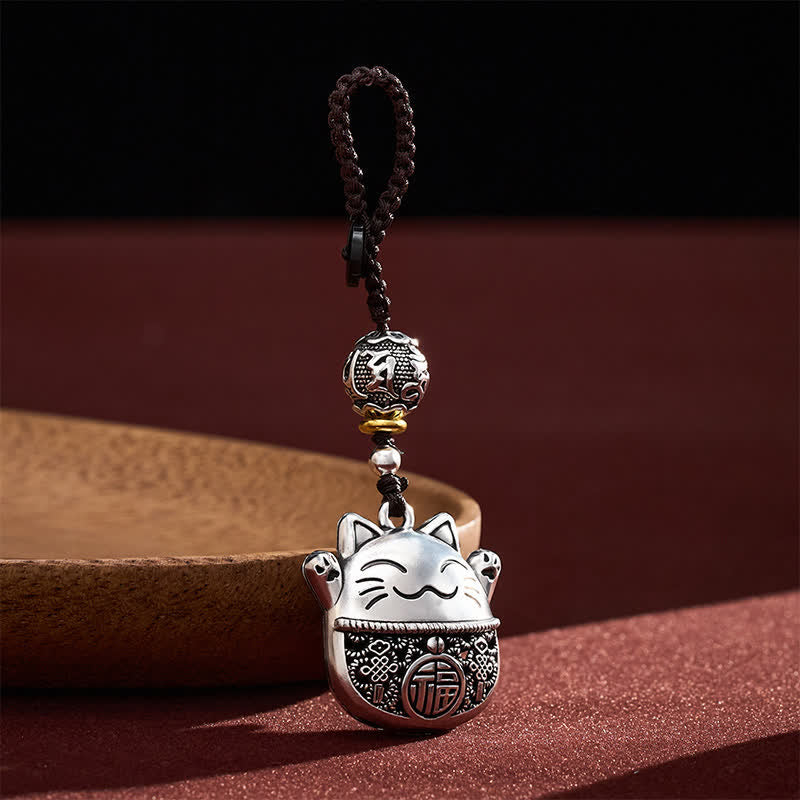 Buddha Stones Grawerowane miedziane breloki z postacią Fu Lucky Cat w oplocie Balance - image 1