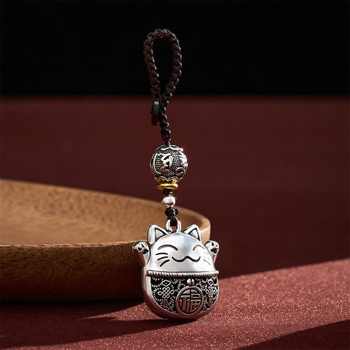 Buddha Stones Grawerowane miedziane breloki z postacią Fu Lucky Cat w oplocie Balance - image 1