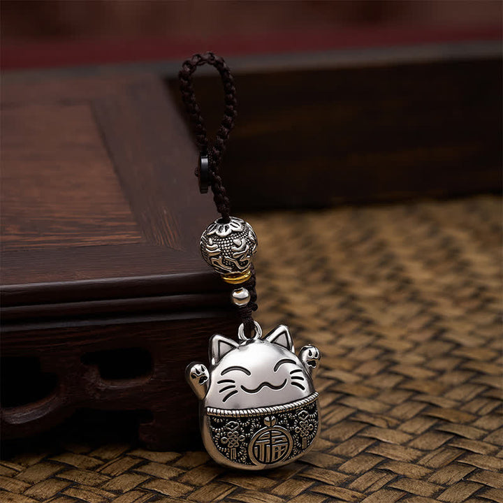 Buddha Stones Grawerowane miedziane breloki z postacią Fu Lucky Cat w oplocie Balance - image 3