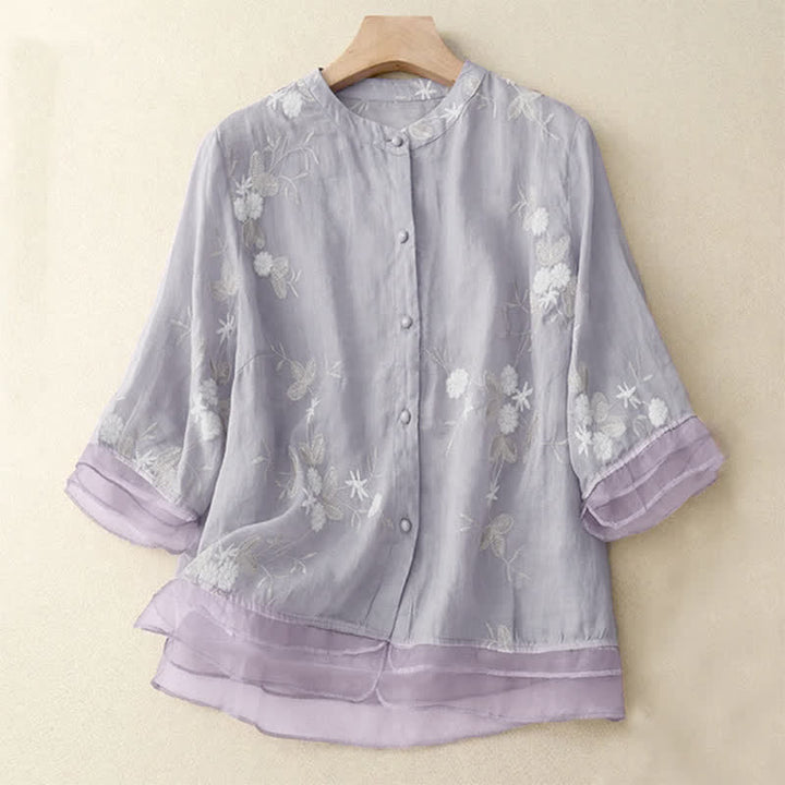 Koszula damska z okrągłym dekoltem i krótkim rękawem, haftowanymi płatkami Buddy, z Buddha Stones - Lawenda - US8-10，UK/AU12-14，EU40-42 (2XL) - image 0