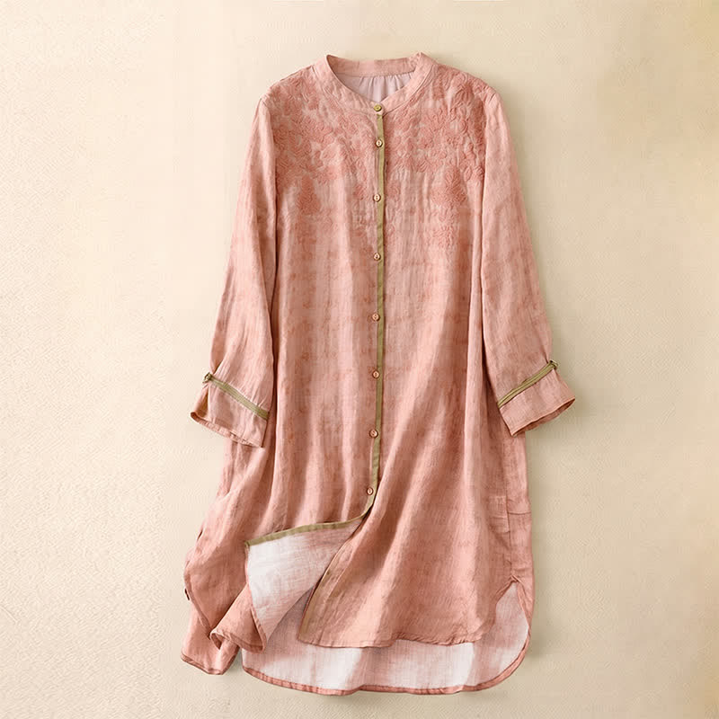 Sukienka midi z haftowanym kołnierzykiem i trzema czwartymi rękawami w stylu Buddha Stones na lato i dorywczo - Różowy - US8-10，UK/AU12-14，EU40-42 (2XL) - image 22