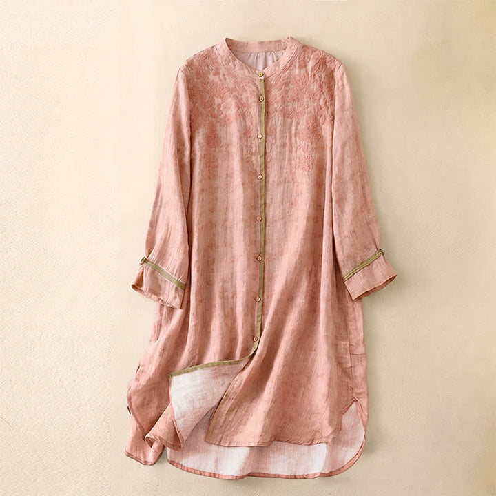 Sukienka midi z haftowanym kołnierzykiem i trzema czwartymi rękawami w stylu Buddha Stones na lato i dorywczo - Różowy - US8-10，UK/AU12-14，EU40-42 (2XL) - image 22