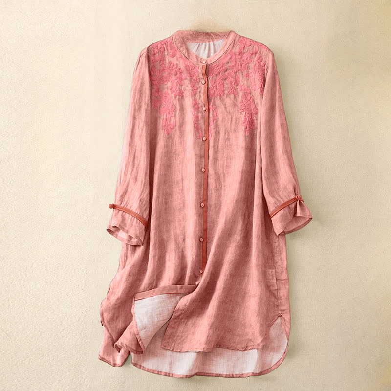 Sukienka midi z haftowanym kołnierzykiem i trzema czwartymi rękawami w stylu Buddha Stones na lato i dorywczo - LightCoral - US8-10，UK/AU12-14，EU40-42 (2XL) - image 6