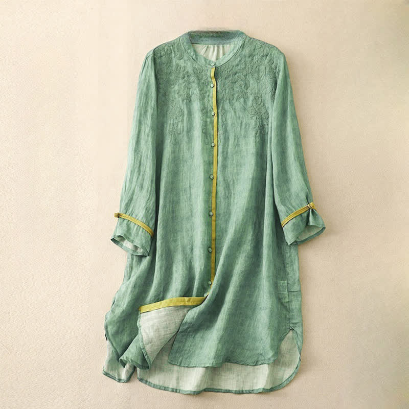 Sukienka midi z haftowanym kołnierzykiem i trzema czwartymi rękawami w stylu Buddha Stones na lato i dorywczo - MediumSeaGreen - US8-10，UK/AU12-14，EU40-42 (2XL) - image 0