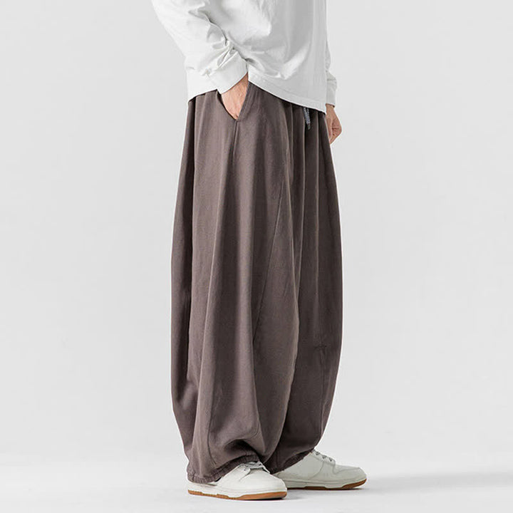 Buddha Stones Spodnie męskie z prostymi nogawkami i kieszeniami, w stylu casual, z grubej bawełny, ściągaczem i sznurkiem - image 2