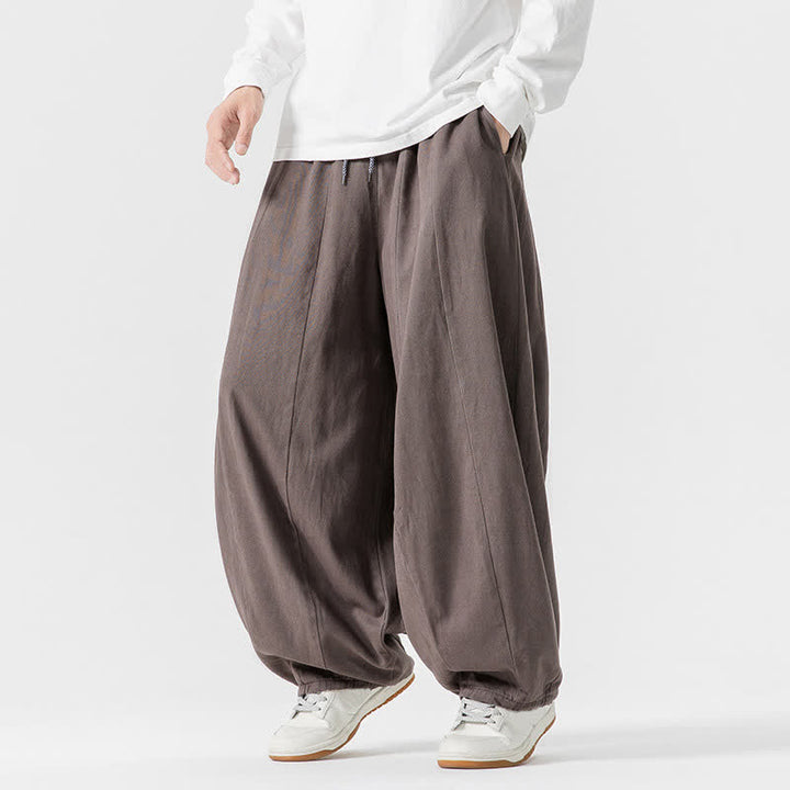 Buddha Stones Spodnie męskie z prostymi nogawkami i kieszeniami, w stylu casual, z grubej bawełny, ściągaczem i sznurkiem - image 6