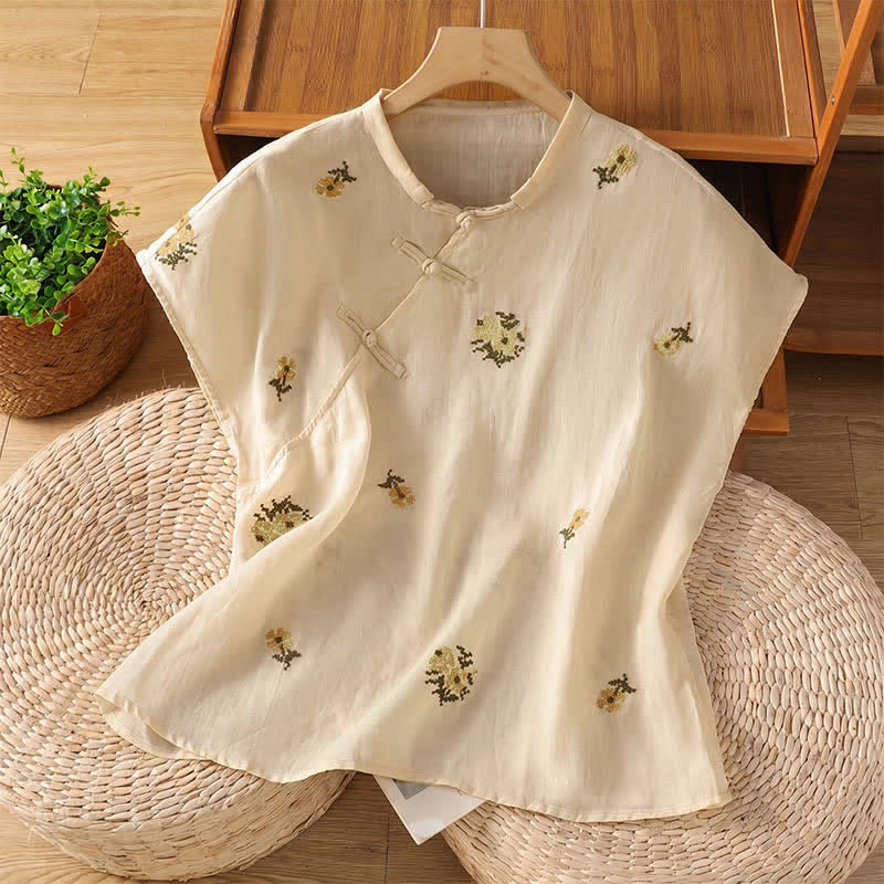 Buddha Stones Letnia, swobodna koszulka bez rękawów damska w stylu Tang z kołnierzykiem stójkowym i haftem kwiatowym - Beżowy - US12, UK/AU16, EU44 (2XL) - image 0