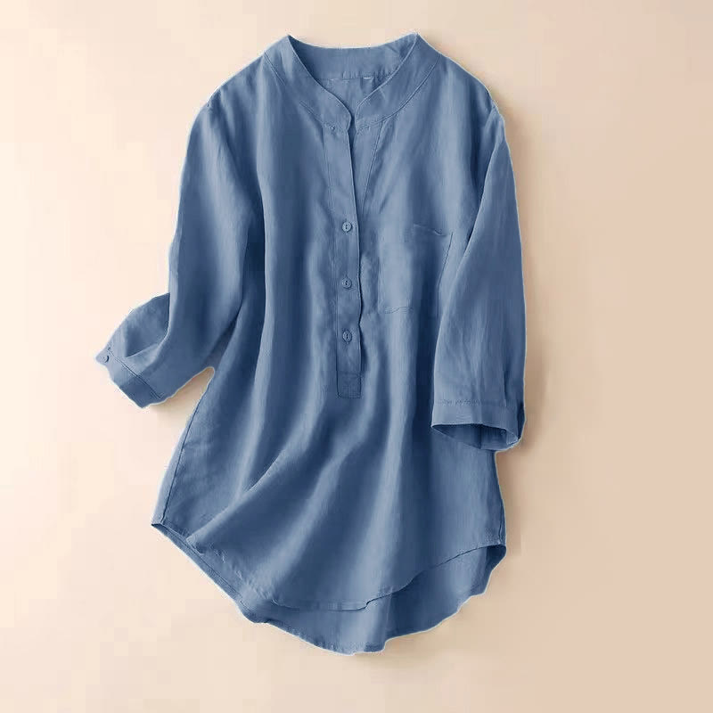 Koszula damska Buddha Stones Casual z dekoltem w serek i rękawami trzy czwarte, gładka, bawełniana i lniana - LightSteelBlue - US12, UK/AU16, EU44 (3XL) - image 0
