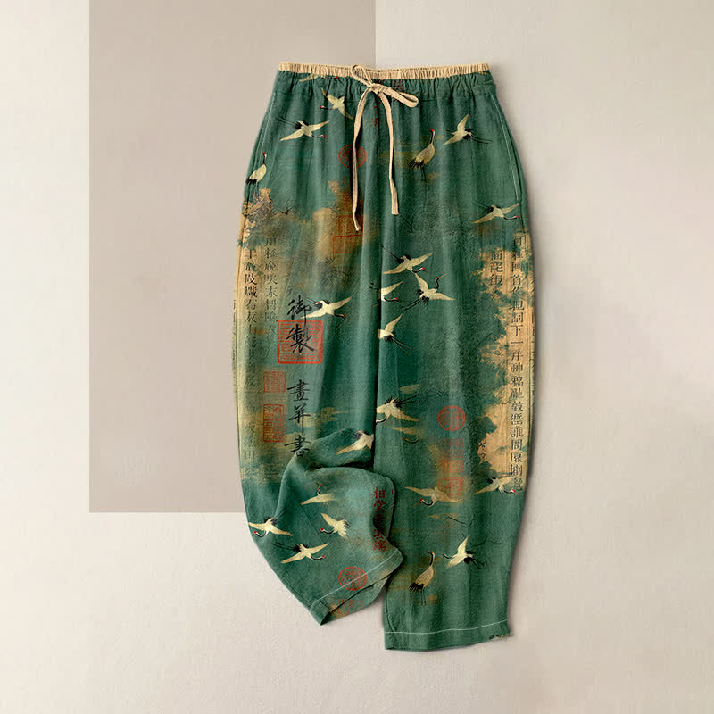 Buddha Stones Spodnie damskie z elastyczną talią i kieszeniami, z czystej bawełny, z wzorem żurawia w stylu vintage - SeaGreen - US16, UK/AU20, EU48 (3XL) - image 0