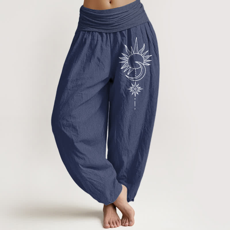 Buddha Stones Spodnie damskie typu harem z elastycznej talii z czystej bawełny w kształcie słońca i księżyca - DarkSlateBlue - US16, UK/AU20, EU48 (3XL) - image 0