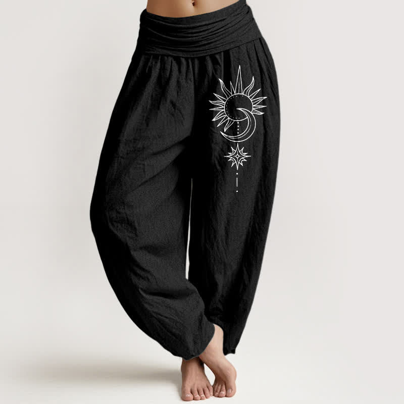 Buddha Stones Spodnie damskie typu harem z elastycznej talii z czystej bawełny w kształcie słońca i księżyca - Czarny - US16, UK/AU20, EU48 (3XL) - image 5
