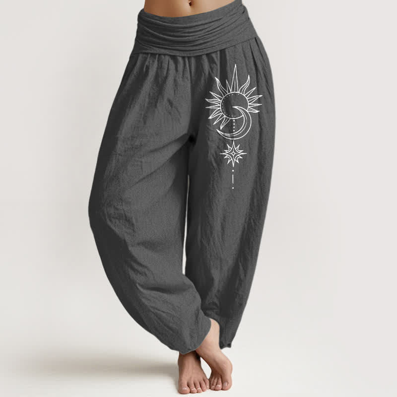 Buddha Stones Spodnie damskie typu harem z elastycznej talii z czystej bawełny w kształcie słońca i księżyca - DimGray - US16, UK/AU20, EU48 (3XL) - image 8