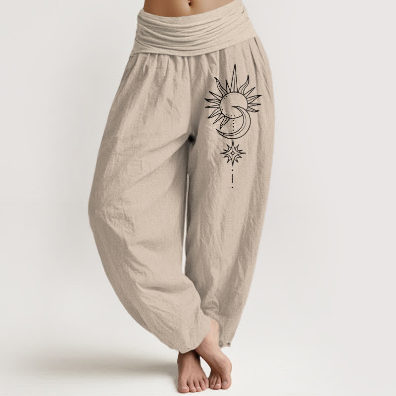 Buddha Stones Spodnie damskie typu harem z elastycznej talii z czystej bawełny w kształcie słońca i księżyca - Dębnik - US16, UK/AU20, EU48 (3XL) - image 11