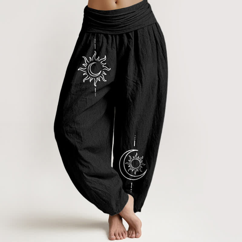 Buddha Stones Spodnie damskie haremowe z elastycznej talii z motywem księżyca i słońca z czystej bawełny - Czarny - US16, UK/AU20, EU48 (3XL) - image 5