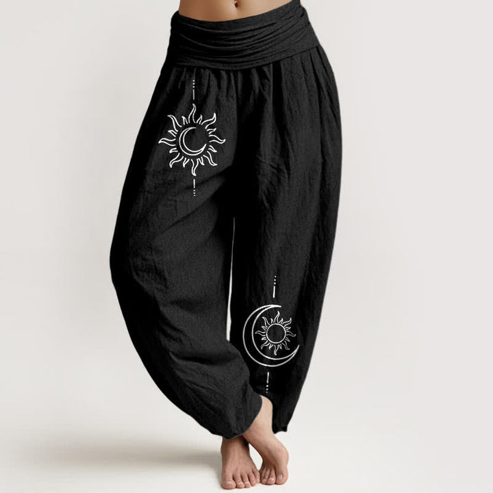 Buddha Stones Spodnie damskie haremowe z elastycznej talii z motywem księżyca i słońca z czystej bawełny - Czarny - US16, UK/AU20, EU48 (3XL) - image 5