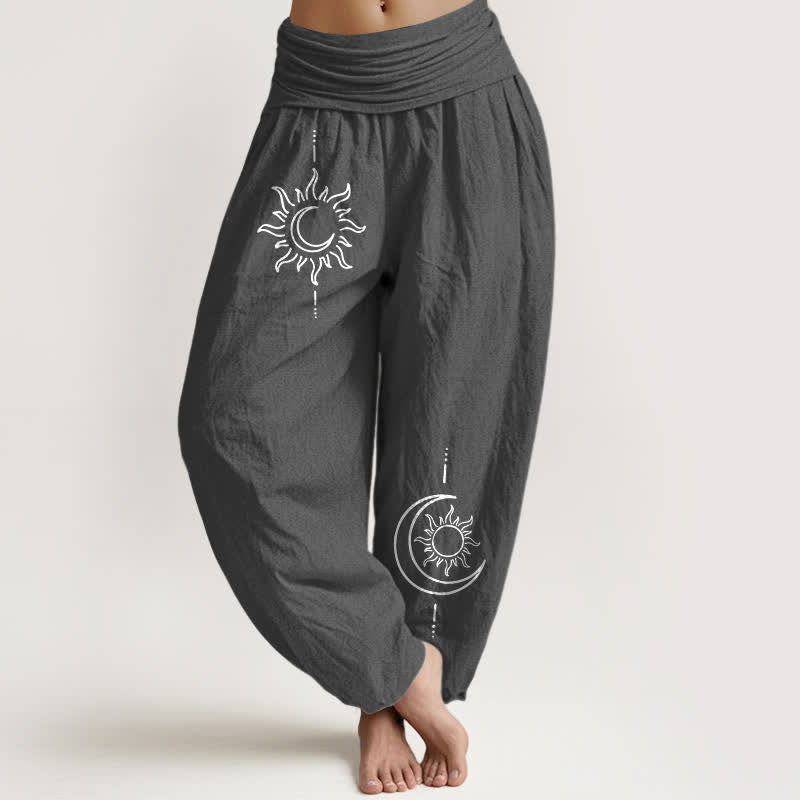 Buddha Stones Spodnie damskie haremowe z elastycznej talii z motywem księżyca i słońca z czystej bawełny - DimGray - US16, UK/AU20, EU48 (3XL) - image 0