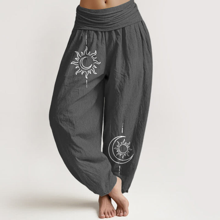 Buddha Stones Spodnie damskie haremowe z elastycznej talii z motywem księżyca i słońca z czystej bawełny - DimGray - US16, UK/AU20, EU48 (3XL) - image 0