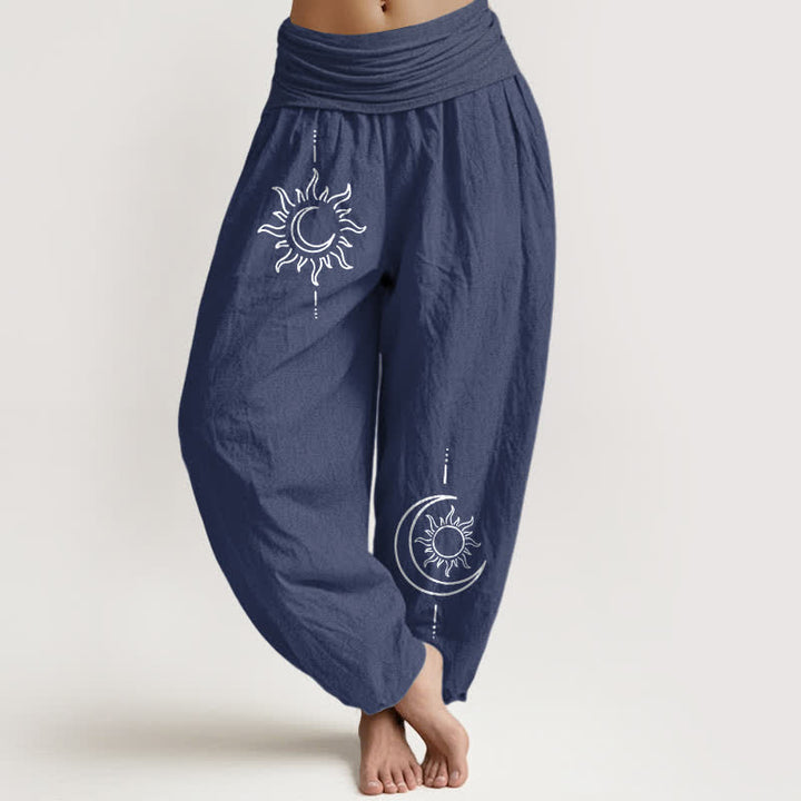 Buddha Stones Spodnie damskie haremowe z elastycznej talii z motywem księżyca i słońca z czystej bawełny - DarkSlateBlue - US16, UK/AU20, EU48 (3XL) - image 8