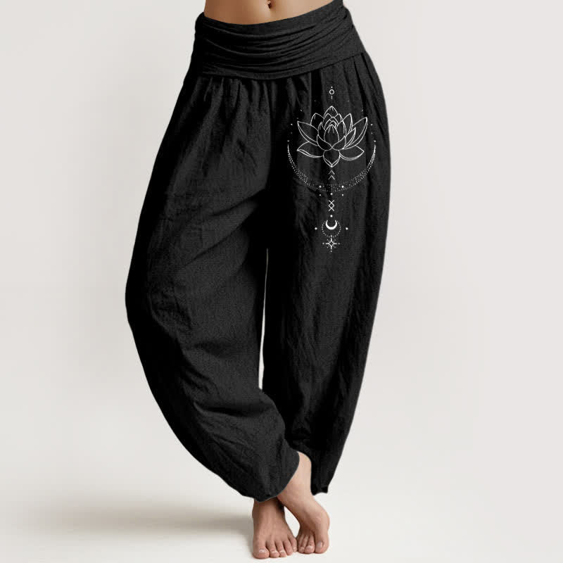 Buddha Stones Spodnie damskie typu harem z elastycznej talii z motywem półksiężyca i lotosu z czystej bawełny - Czarny - US16, UK/AU20, EU48 (3XL) - image 0