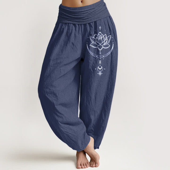 Buddha Stones Spodnie damskie typu harem z elastycznej talii z motywem półksiężyca i lotosu z czystej bawełny - DarkSlateBlue - US16, UK/AU20, EU48 (3XL) - image 5