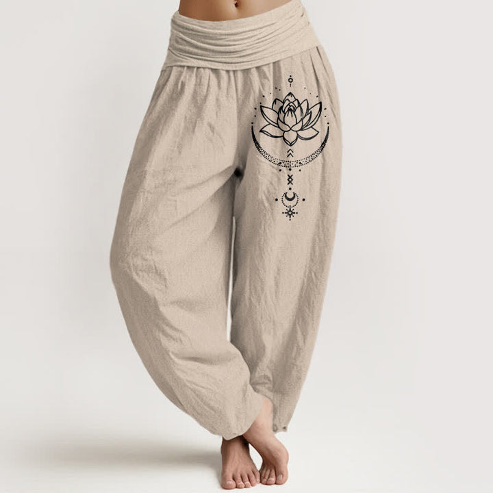 Buddha Stones Spodnie damskie typu harem z elastycznej talii z motywem półksiężyca i lotosu z czystej bawełny - Dębnik - US16, UK/AU20, EU48 (3XL) - image 11