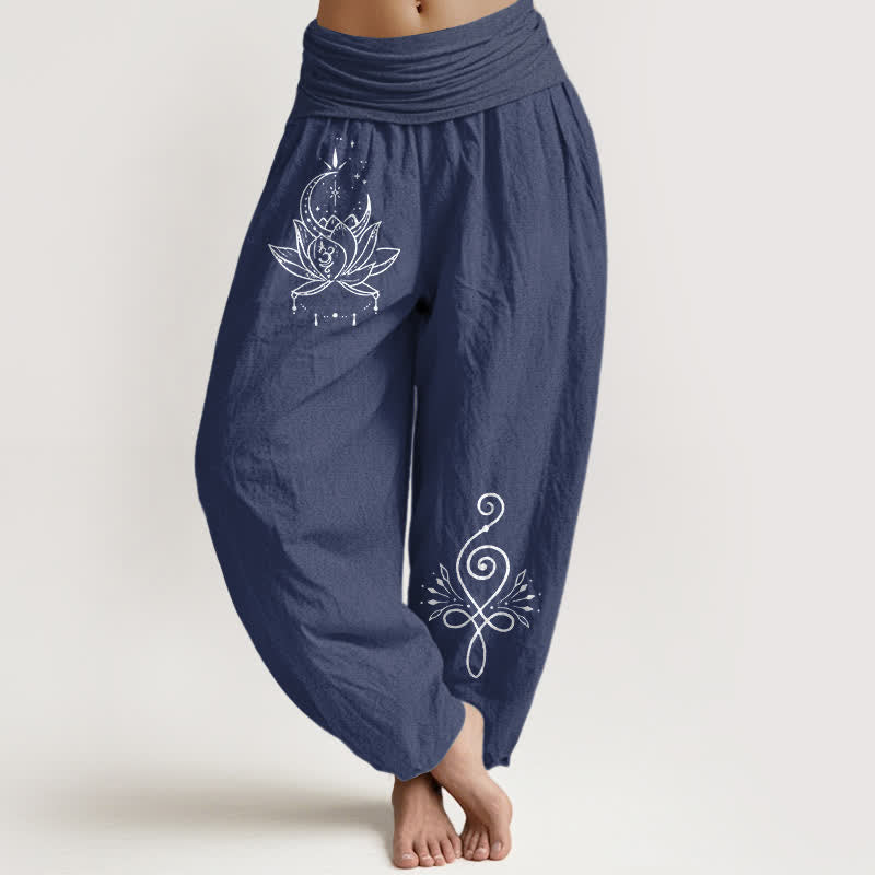 Buddha Stones Spodnie damskie haremowe z elastycznej talii z motywem księżyca i lotosu z czystej bawełny - DarkSlateBlue - US16, UK/AU20, EU48 (3XL) - image 0