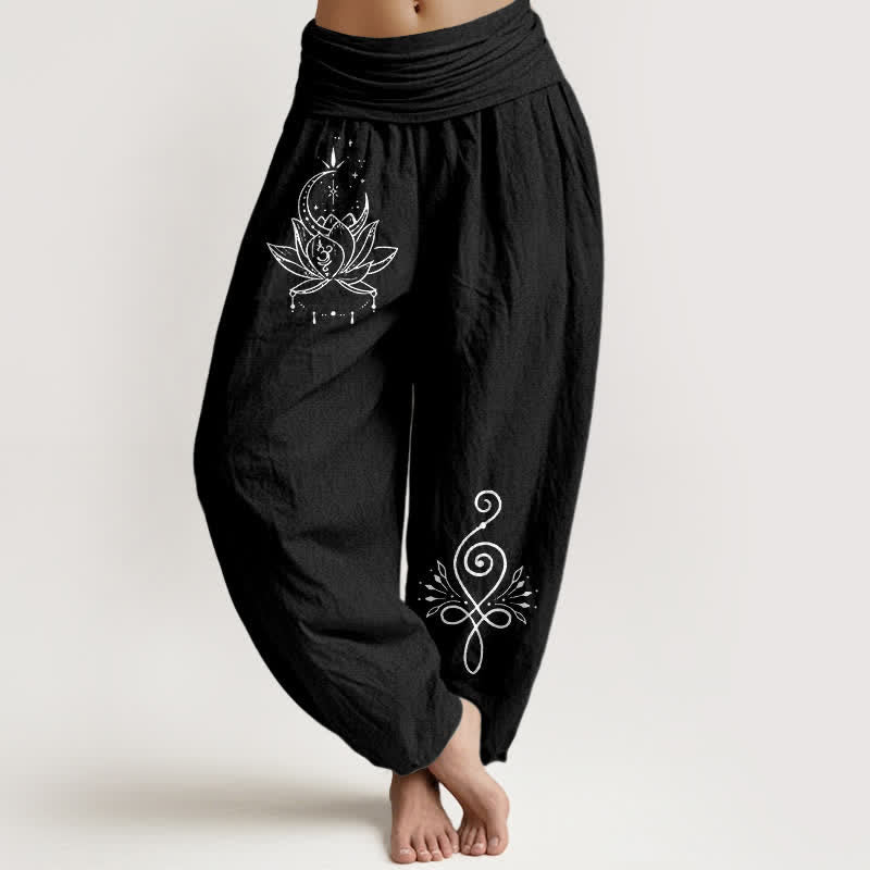 Buddha Stones Spodnie damskie haremowe z elastycznej talii z motywem księżyca i lotosu z czystej bawełny - Czarny - US16, UK/AU20, EU48 (3XL) - image 5