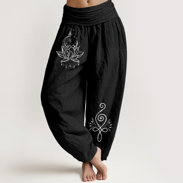 Buddha Stones Spodnie damskie haremowe z elastycznej talii z motywem księżyca i lotosu z czystej bawełny - Czarny - US16, UK/AU20, EU48 (3XL) - image 5