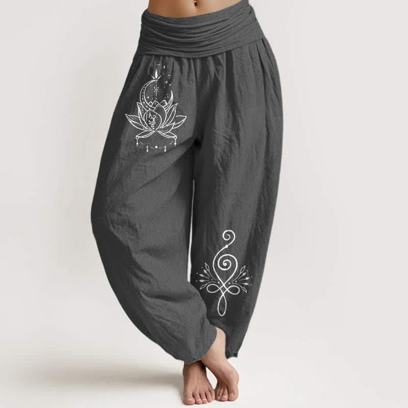 Buddha Stones Spodnie damskie haremowe z elastycznej talii z motywem księżyca i lotosu z czystej bawełny - DimGray - US16, UK/AU20, EU48 (3XL) - image 8
