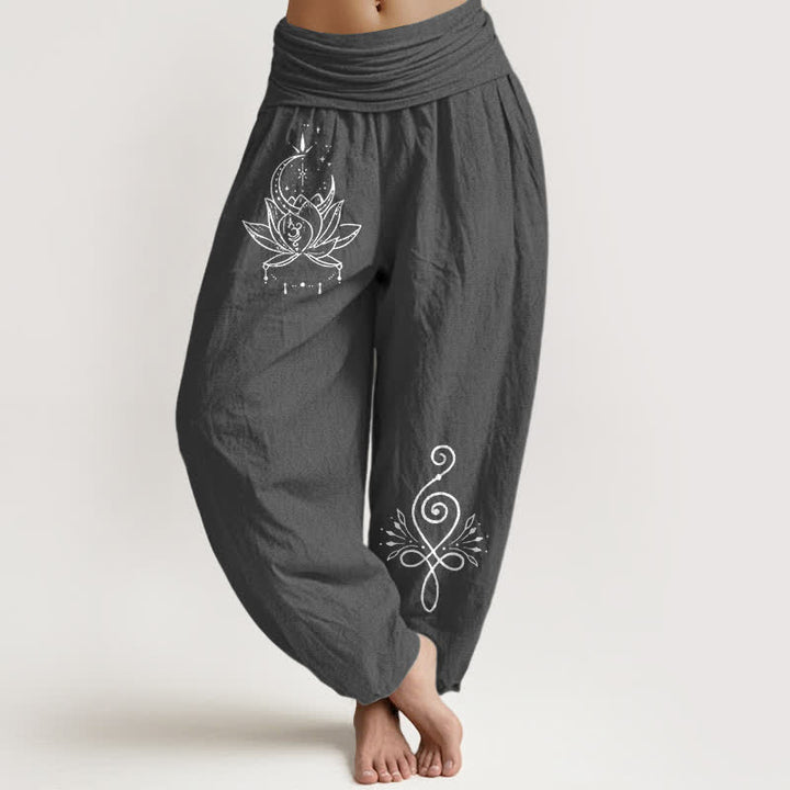 Buddha Stones Spodnie damskie haremowe z elastycznej talii z motywem księżyca i lotosu z czystej bawełny - DimGray - US16, UK/AU20, EU48 (3XL) - image 8