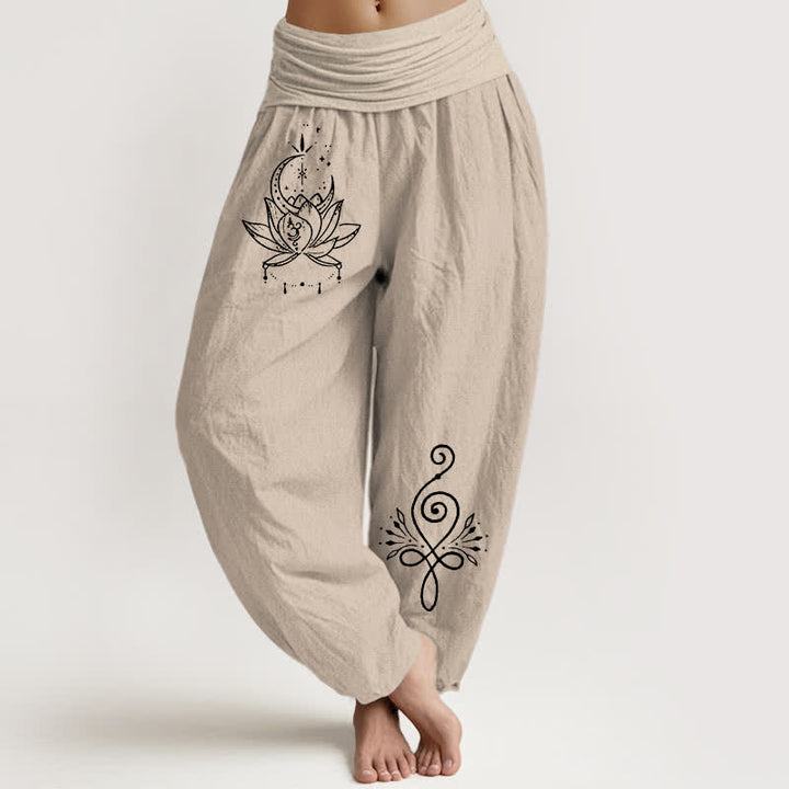 Buddha Stones Spodnie damskie haremowe z elastycznej talii z motywem księżyca i lotosu z czystej bawełny - Dębnik - US16, UK/AU20, EU48 (3XL) - image 11