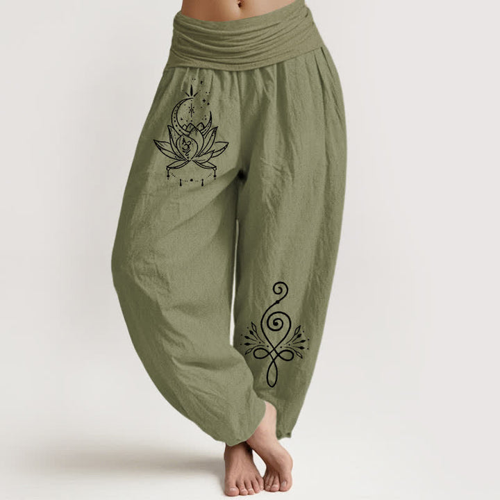Buddha Stones Spodnie damskie haremowe z elastycznej talii z motywem księżyca i lotosu z czystej bawełny - Oliwkowy - US16, UK/AU20, EU48 (3XL) - image 14