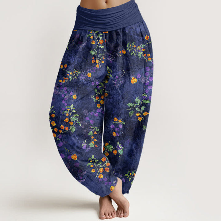 Buddha Stones Spodnie damskie typu harem z bawełny z elastyczną talią i wzorem w kwiaty pomarańczy - Marynarka wojenna - US16, UK/AU20, EU48 (3XL) - image 0