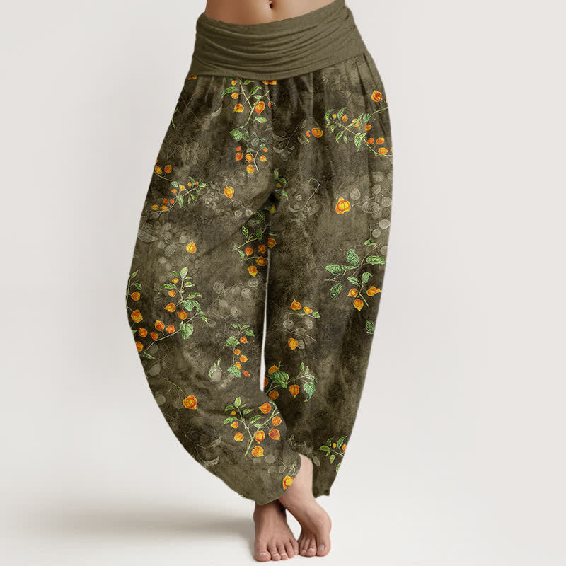 Buddha Stones Spodnie damskie typu harem z bawełny z elastyczną talią i wzorem w kwiaty pomarańczy - DarkOliveGreen - US16, UK/AU20, EU48 (3XL) - image 5