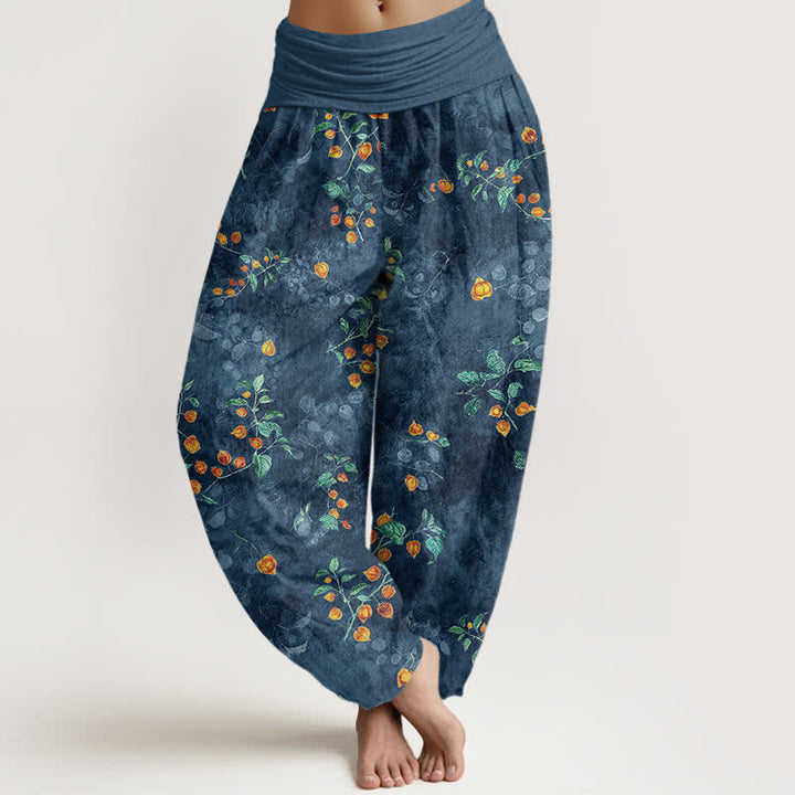 Buddha Stones Spodnie damskie typu harem z bawełny z elastyczną talią i wzorem w kwiaty pomarańczy - Stalowoniebieski - US16, UK/AU20, EU48 (3XL) - image 8