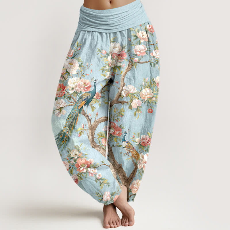 Buddha Stones Spodnie damskie haremowe z bawełny z elastycznym pasem i wzorem w kwiaty pawia - PowderBlue - US16, UK/AU20, EU48 (3XL) - image 0