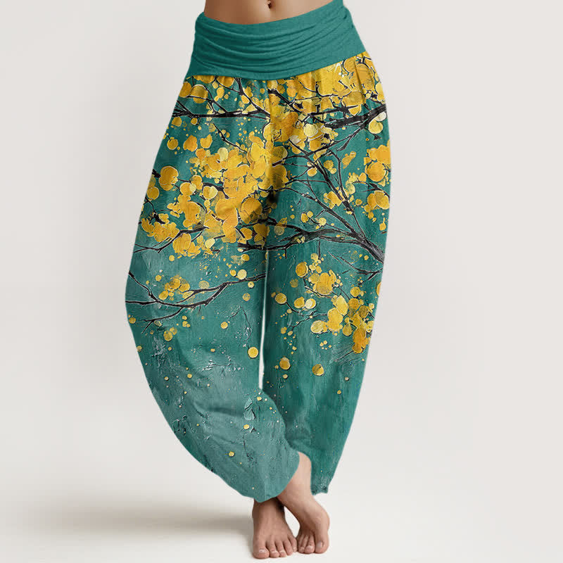 Buddha Stones Spodnie damskie typu harem z elastycznej talii z motywem żółtej gałązki kwiatu - Cyraneczka - US16, UK/AU20, EU48 (3XL) - image 0