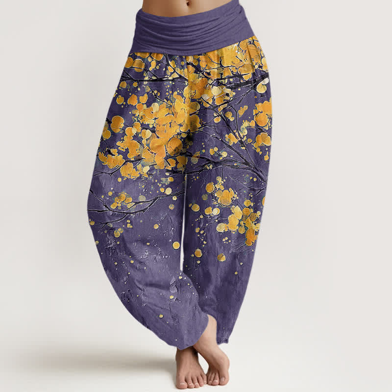 Buddha Stones Spodnie damskie typu harem z elastycznej talii z motywem żółtej gałązki kwiatu - Fioletowy - US16, UK/AU20, EU48 (3XL) - image 5