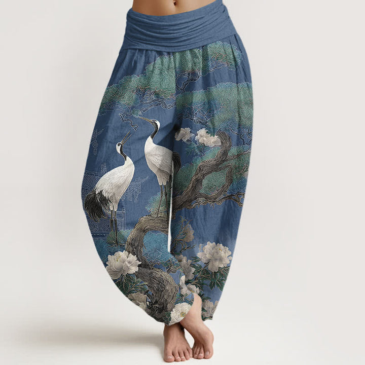 Buddha Stones Spodnie damskie typu harem z bawełny z wzorem w kwiaty żurawia i elastyczną talią - Stalowoniebieski - US16, UK/AU20, EU48 (3XL) - image 0