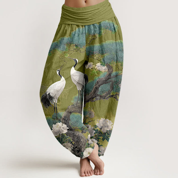 Buddha Stones Spodnie damskie typu harem z bawełny z wzorem w kwiaty żurawia i elastyczną talią - Oliwkowy - US16, UK/AU20, EU48 (3XL) - image 5