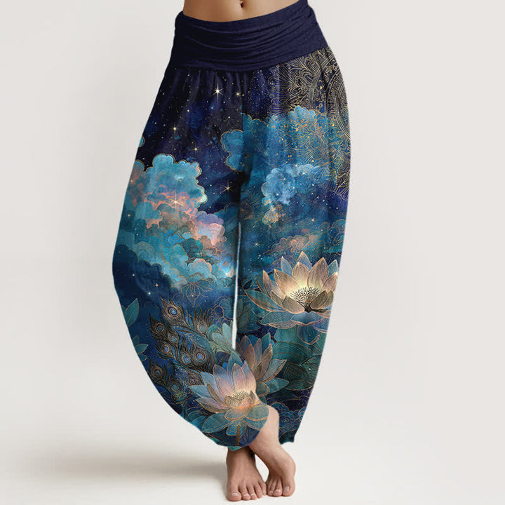 Buddha Stones Spodnie damskie typu harem z bawełny z nadrukiem „Lotus Night Sky” i elastyczną talią - Marynarka wojenna - US16, UK/AU20, EU48 (3XL) - image 0