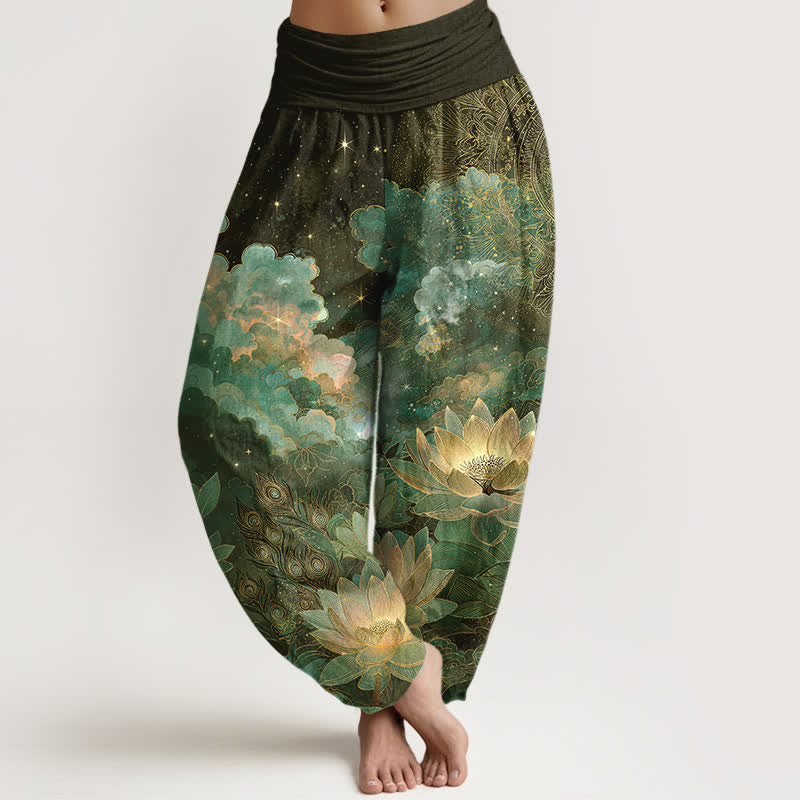 Buddha Stones Spodnie damskie typu harem z bawełny z nadrukiem „Lotus Night Sky” i elastyczną talią - DarkOliveGreen - US16, UK/AU20, EU48 (3XL) - image 5