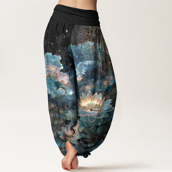 Buddha Stones Spodnie damskie typu harem z bawełny z nadrukiem „Lotus Night Sky” i elastyczną talią - image 10
