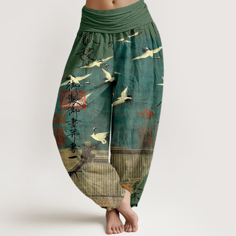 Buddha Stones Bawełniane spodnie damskie typu harem z elastyczną talią i wzorem w latający żuraw - MediumSeaGreen - US16, UK/AU20, EU48 (3XL) - image 5