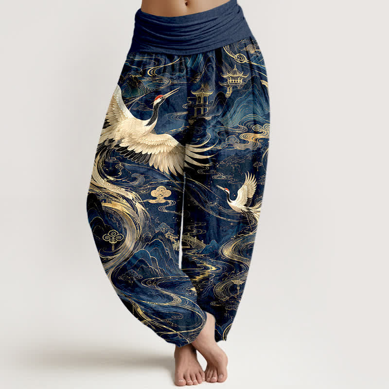 Buddha Stones Bawełniane spodnie damskie typu harem z elastyczną talią i wzorem w fale latającego żurawia - Marynarka wojenna - US16, UK/AU20, EU48 (3XL) - image 0