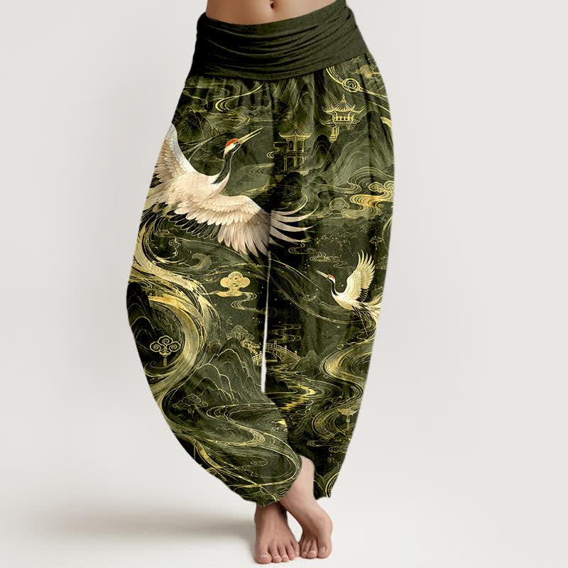 Buddha Stones Bawełniane spodnie damskie typu harem z elastyczną talią i wzorem w fale latającego żurawia - DarkOliveGreen - US16, UK/AU20, EU48 (3XL) - image 8