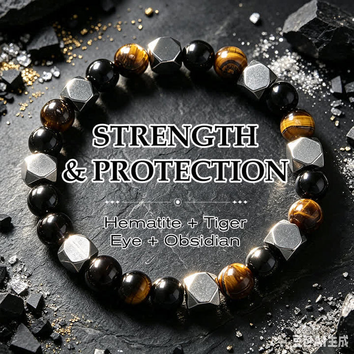 Buddha Stones Bransoletka ochronna z czarnego obsydianu i hematytu z fasetowanym okiem tygrysa - Hematyt, czarny obsydian, tygrysie oko (obwód nadgarstka: 5,9-6,3 cala / 15-16 cm) - image 0