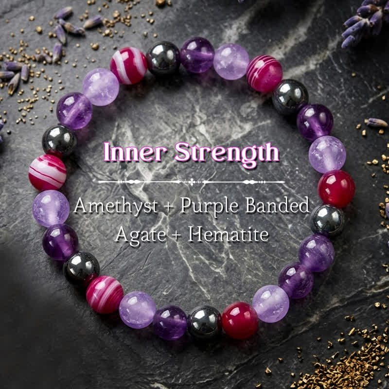Buddha Stones Bransoletka medytacyjna z naturalnego ametystu i fioletowego agatu z hematytu - Ametyst (Medytacja ♥ Równowaga) - image 0