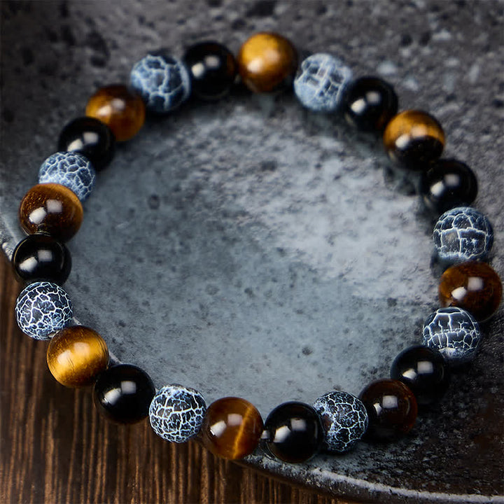 Buddha Stones Bransoletka z koralików z czarnego obsydianu i tygrysiego oka z agatem spękanym - image 1