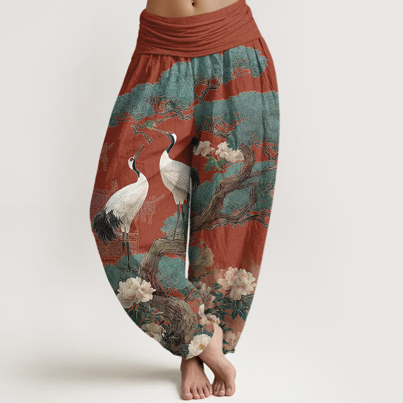 Buddha Stones Spodnie damskie typu harem z bawełny z wzorem w kwiaty żurawia i elastyczną talią - Chaber niebieski - US16, UK/AU20, EU48 (3XL) - image 8